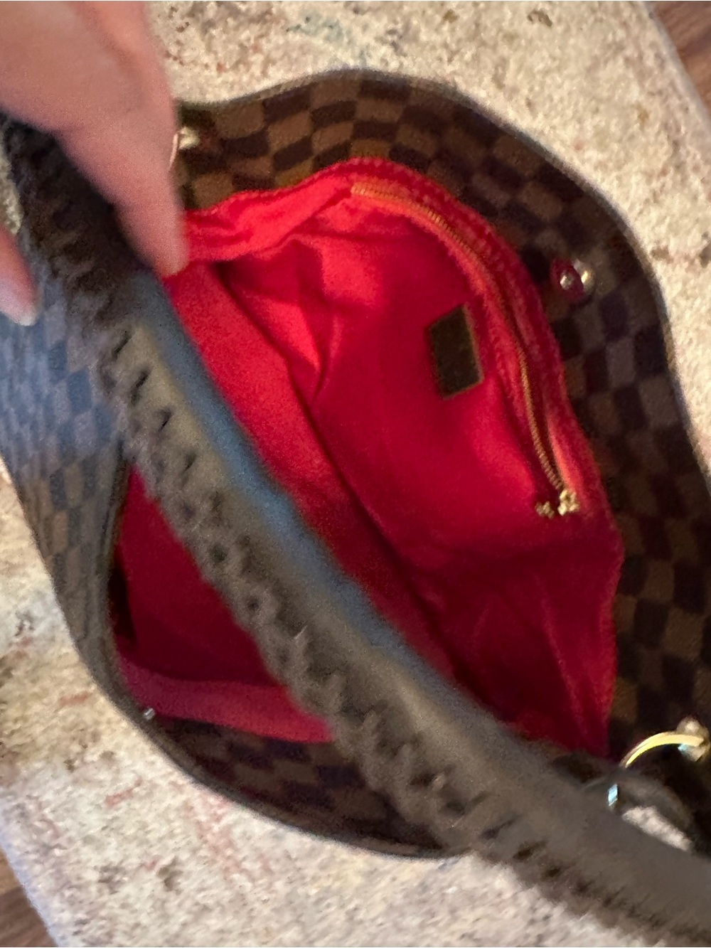 Dark Brown Checkered Shoulder Bag with Padded Top Handle - Picture 4 of 6